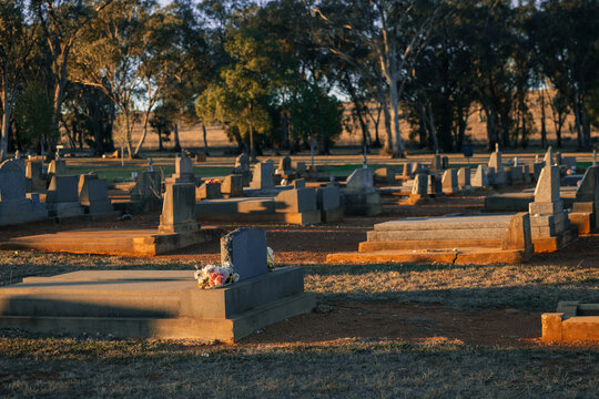 Serene cemetery landscape at golden hour with tombstones and trees
