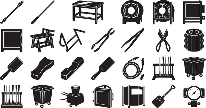 Glassblowing Studio Workshop Equipment and Hot Glass Art Crafting Tools Icon Set