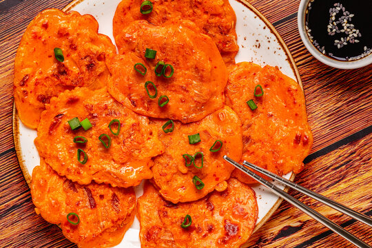 Freshly cooked savory korean pancakes kimchi jeon.