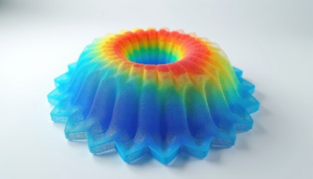 Colorful 3D digital model of a gear with mesh grid structure. Rainbow color gradient shows mechanical stress and strain analysis on a white background. Finite element method concept.