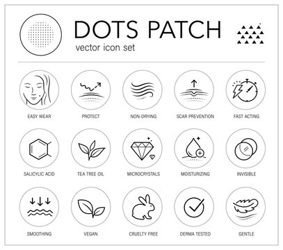 Acne dots patch skincare icon set. The outline vector icons are well scalable and editable for packaging label design. Great for infographic for different backgrounds. EPS10.