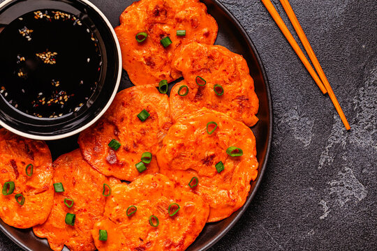 Freshly cooked savory korean pancakes kimchi jeon.