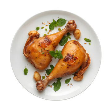 Glazed chicken legs on a white plate with fresh mint leaves and crushed peanuts adding a touch of freshness and crunch to the dish