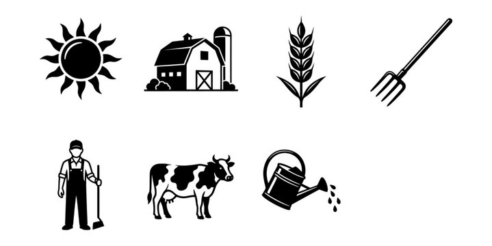 Agriculture farming icons sun barn crop farmer cow watering can rake