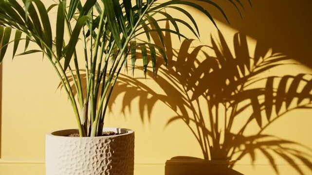 Minimalist Potted Palm Plant Casting Dramatic Shadow on Yellow Wall