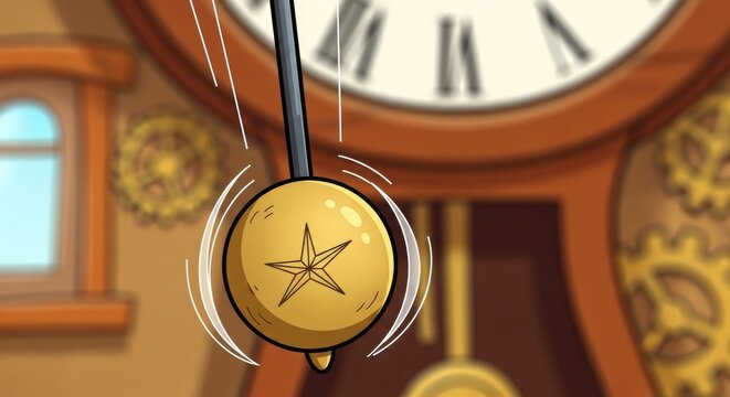 Close-up of a swinging pendulum in a grandfather clock with visible gears and clock face.