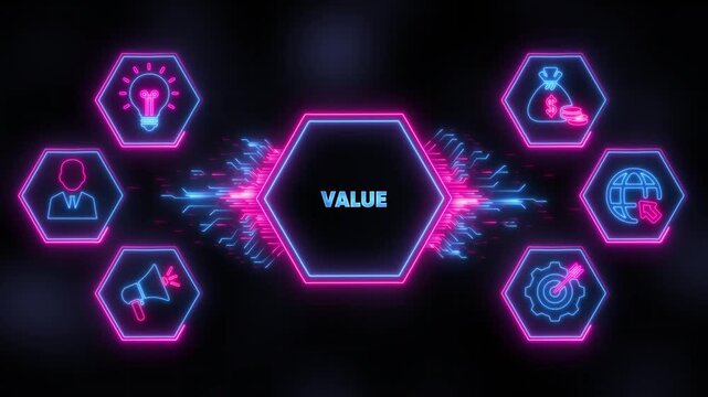 Digital value proposition concept with neon hexagon and business growth technology