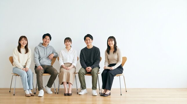 笑顔で椅子に座る若い男女5人のグループ（コピースペース付き）