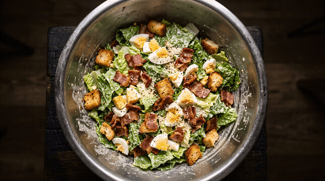 a bowl of caesar salad with bacon