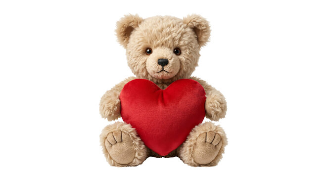Soft teddy bear holding a plush red heart, a symbol of love and affection