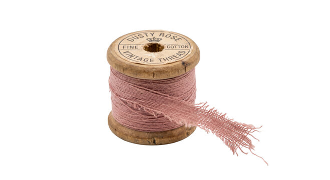 Vintage wooden spool with dusty rose cotton thread unraveling