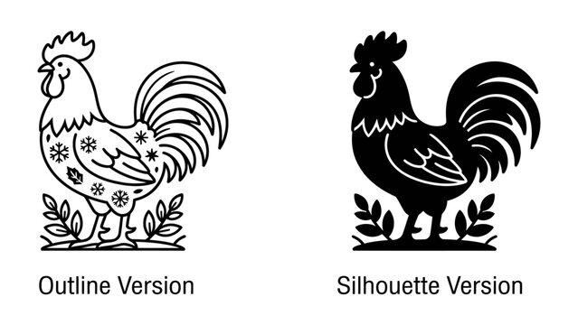 Rooster Icons: A graphic representation of a rooster, presented in both an outline and a silhouette version, symbolizing farm life and a proud, bold spirit.