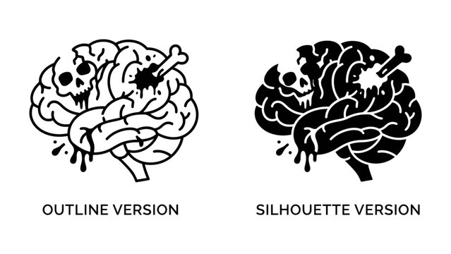 Disturbing Brain Imagery: A stylized graphic illustration of a human brain depicted with a skull and a bone, rendered in both outline and silhouette versions.