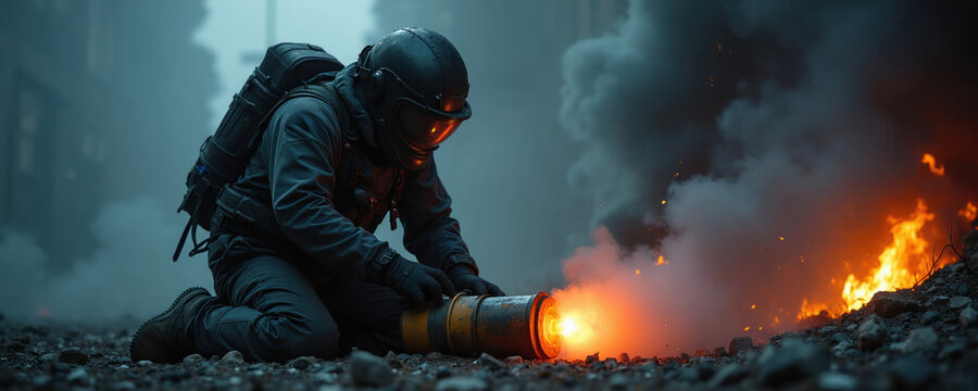 Pro bomb disposal expert wears heavy protective suit defusing dangerous explosive device on city street. Technician kneels near burning fire, smoke during critical tactical operation. Brave soldier