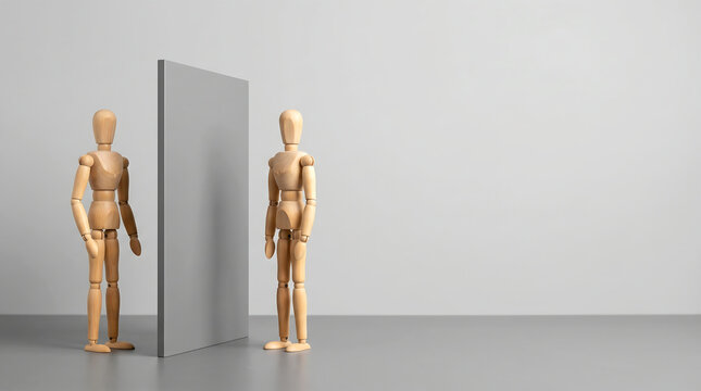 Employee mid-year performance review and KPI evaluation concept with wooden mannequins separated by a wall with copy space for HR corporate presentation slide
