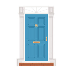 Obraz premium Front entrance door, house building entry with columns, pilaster decoration, transom window. Closed home doorway exterior with knocker, mail slot. Flat vector illustration isolated on white background
