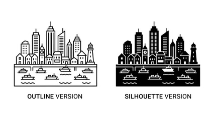 Obraz premium Cityscape Icons: Two minimalist graphic representations of a bustling cityscape, one in an outline style and the other as a dark silhouette, showcasing buildings and boats on the water.
