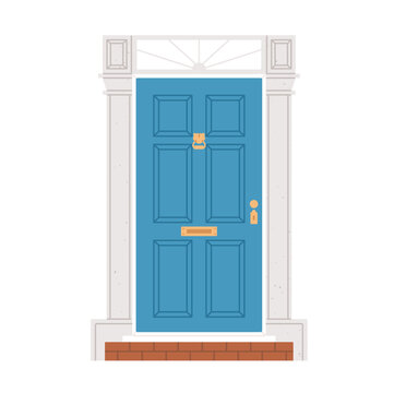 Front entrance door, house building entry with columns, pilaster decoration, transom window. Closed home doorway exterior with knocker, mail slot. Flat vector illustration isolated on white background