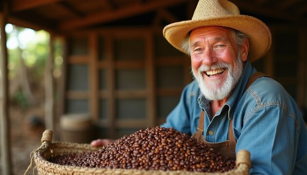 Happy senior man in straw hat holds basket with freshly harvested coffee beans at rural farm. Smiling bearded agriculturalist working on plantation enjoys results of organic production. Excited