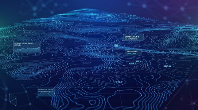 Abstract digital terrain map with data points, network connections and analytics metrics for global business intelligence visualization and futuristic technology concept background