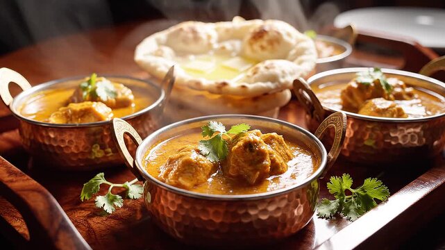 Individual Portions of Chicken Curry Artfully Arranged with Naan Bread in Decorative Copper Bowls