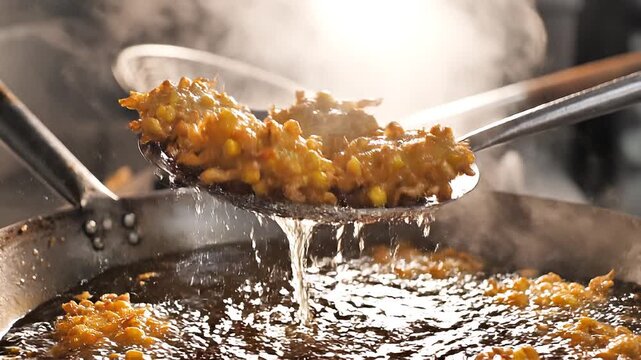 Golden corn fritters lifted from hot sizzling oil with a slotted spoon in a commercial kitchen during preparation