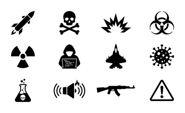 Vector Icons Set: Danger, Warfare, and Biohazard Symbols. Military Aircraft, Missile, Skull, Cybercrime, Radiation, Chemical Hazard, Explosion, Virus.