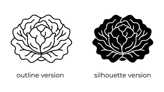 Cabbage Outline and Silhouette: A clean graphic representation of a cabbage, featuring both a delicate line-art outline and a bold black silhouette, perfect for culinary or botanical design.