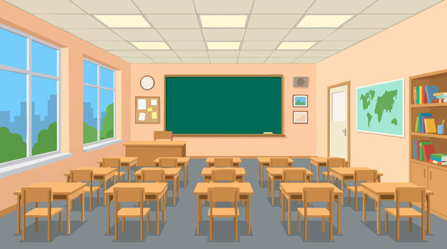 Empty school classroom with blackboard, desks, and map - vector illustration