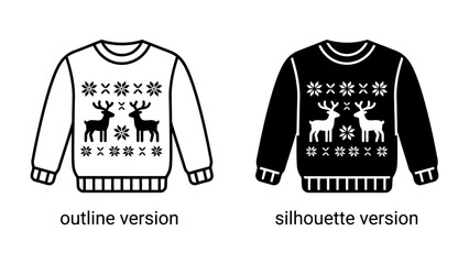 Christmas Sweater Duo: A pair of festive Christmas sweaters, one in outline and the other in silhouette, showcasing a charming reindeer pattern and snowflake motifs, perfect for holiday cheer. © mahmuda