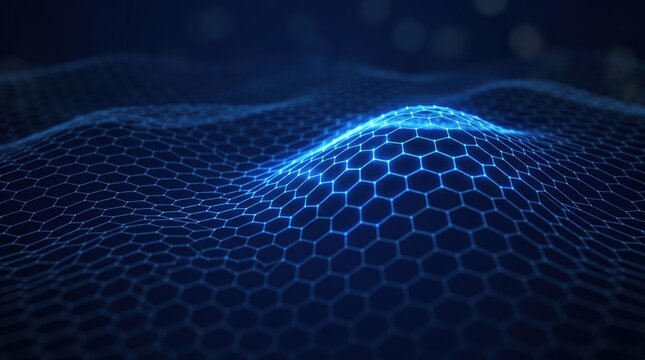 Abstract blue digital wave with glowing hexagonal grid pattern, futuristic technology background for data network and cybersecurity concepts