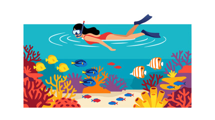 Fototapeta premium Snorkeler swimming above vibrant coral reef ecosystem with colorful tropical fish, underwater marine life, ocean adventure, scuba diving vacation, exotic sea creatures in turquoise water