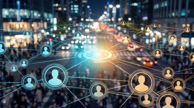 Abstract social media network connection overlay on blurred busy city street at night, global communication technology and digital community interaction concept with user profil...