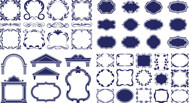 Ornate frames and labels set with architectural details and baroque scrollwork ornaments.