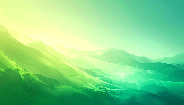 Vibrant green and yellow gradient mountains with a misty, ethereal atmosphere.