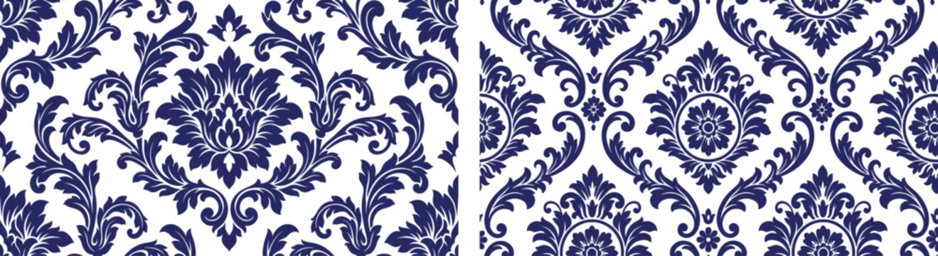 Seamless damask pattern set with royal floral motifs and classic blue scrollwork designs.