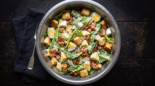 a bowl of caesar salad with bacon