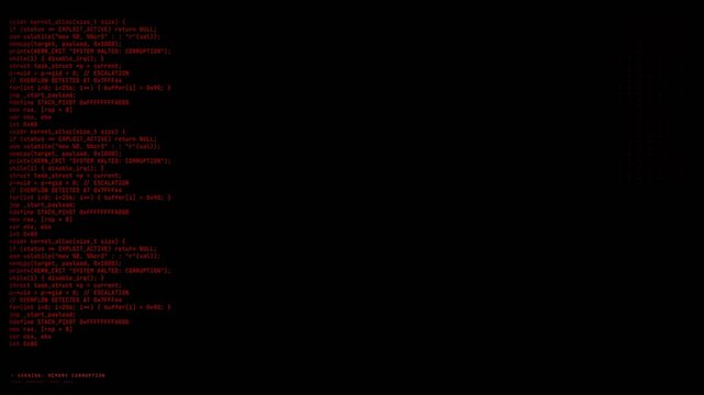 Computer script terminal scrolling vertically with red digital glitch artifacts and system failure warning overlay for cybersecurity visualization.