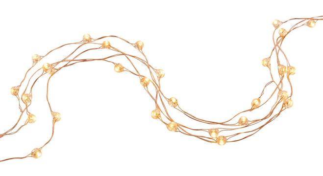 Delicate string lights with warm glow on a white background