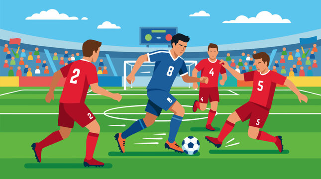 Dynamic soccer player in blue jersey number eight dribbling football past multiple red team defenders on vibrant green stadium pitch with colorful spectator crowd vector illustration