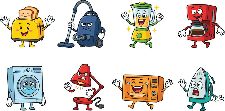 Set of funny cartoon home appliance characters with various expressions and emotions on white background