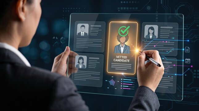 Businesswoman selecting a vetted candidate on futuristic holographic interface, HR recruitment technology concept with digital profiles and checkmark for hiring process.