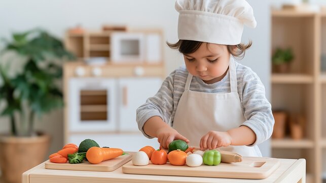 Little girl pretending to be a chef in a toy kitchen