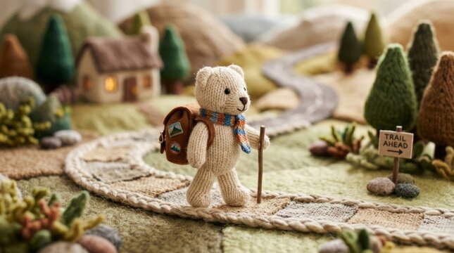 Small white dog wearing backpack exploring miniature forest landscape scene.
