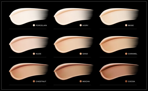 Samples of foundation smears for face mockup. 3D hight realistic vector illustration on black background. Scalable without lose quality. Ready layered template for your design. EPS10.