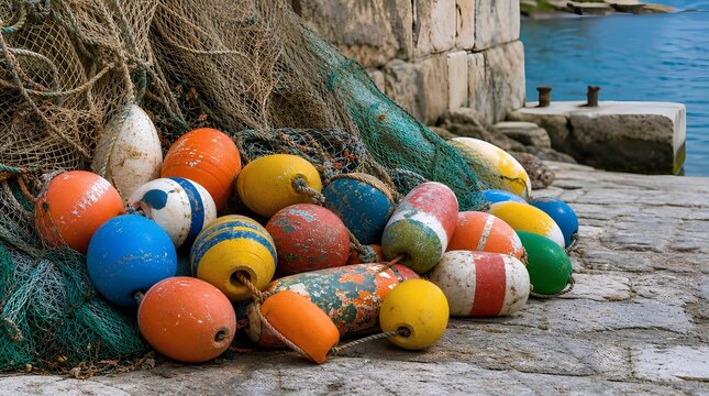 Colorful fishing buoys and tangled nets rest on a stone harbor beside blue water, useful for coastal tourism, maritime industry, or seaside texture themes.