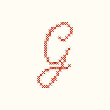 Red cross stitch letter G script typography isolated on white background. A textured cursive embroidery needlework letter for monograms, nursery decor, and handmade textile crafts. Vector illustration