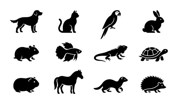 Diverse Pet Silhouettes Collection, 12 Animal Icons for Pet Care and Veterinary Services, Simple Black Vector Graphics