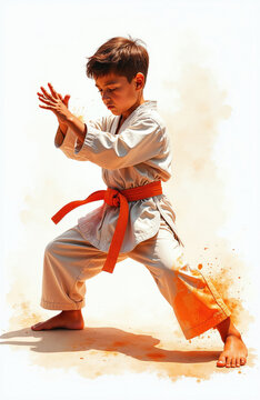 Young boy practices karate in uniform with orange belt. Kid demonstrates martial arts stance on white background. Child learns self defense, discipline, and focuses on training.