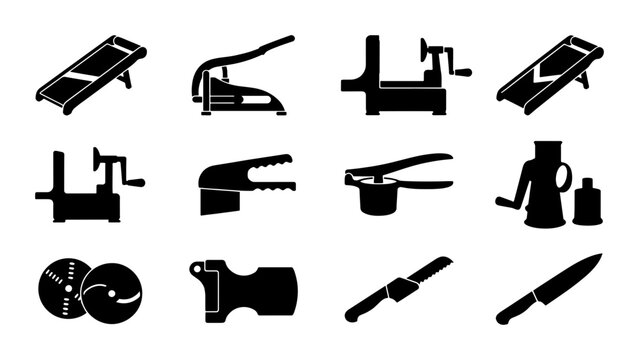 Kitchen Gadget Icons, Food Prep Tools Set, Slicer Mandoline Grater Press, Cooking Utensil Vector Graphics